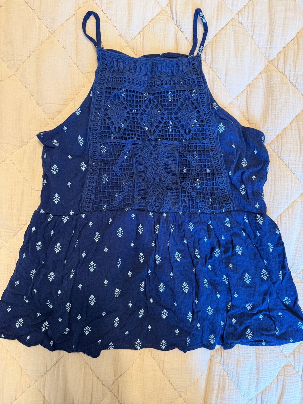 art class Navy Blue Crochet-Front Tank with White Motif